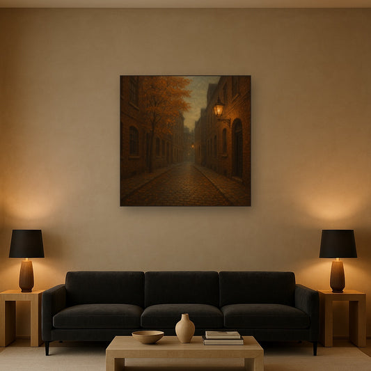 London Gaslamp Alley in Autumn Dusk No. 5 Oil Painting Staged Above Sectional Sofa in Living Room, Hand Painted Canvas Wall Art for Home Decor