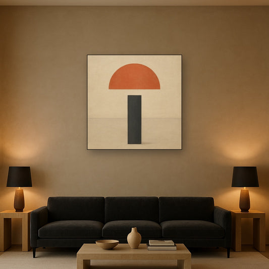 Semicircle Horizon & Minimalist Pillar No. 17 Oil Painting Staged Above Sectional Sofa in Living Room, Hand Painted Canvas Wall Art for Home Decor