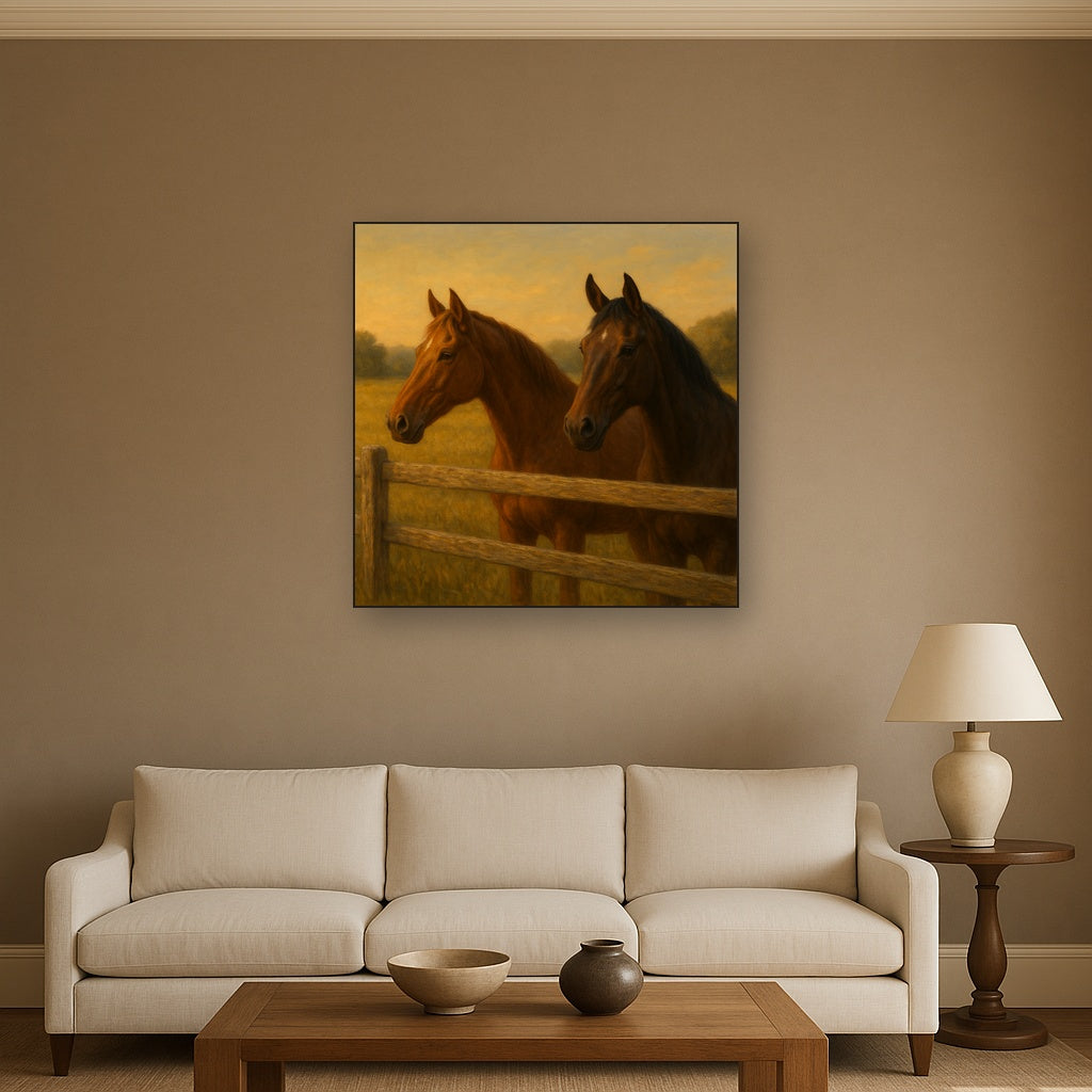 Two Horses at Rustic Post & Rail Fence No. 17 Oil Painting - View 2