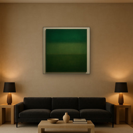 Forest Emerald & Deep Moss Contemplative Field No. 17 Oil Painting Staged Above Sectional Sofa in Living Room, Hand Painted Canvas Wall Art for Home Decor