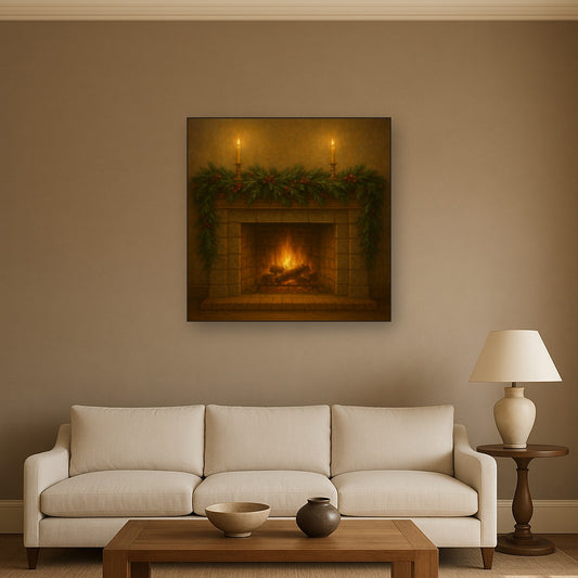 Vintage Fireside Hearth & Cedar Garlands No. 6 Oil Painting Staged Above Sectional Sofa in Living Room, Hand Painted Canvas Wall Art for Home Decor