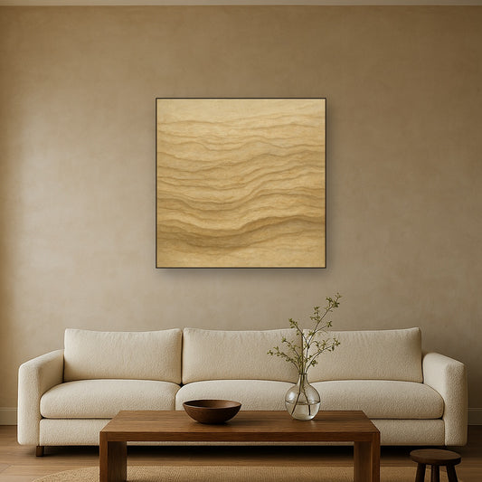 Weathered Mineral Sediments in Warm Ecru No. 22 Oil Painting Staged Above Sectional Sofa in Living Room, Hand Painted Canvas Wall Art for Home Decor