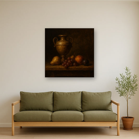 Classical Chiaroscuro Fruit & Urn Still Life Oil Painting - Styled in Modern Living Room