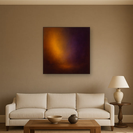 Burnt Amber & Velvet Amethyst Atmosphere No. 4 Oil Painting Staged Above Sectional Sofa in Living Room, Hand Painted Canvas Wall Art for Home Decor