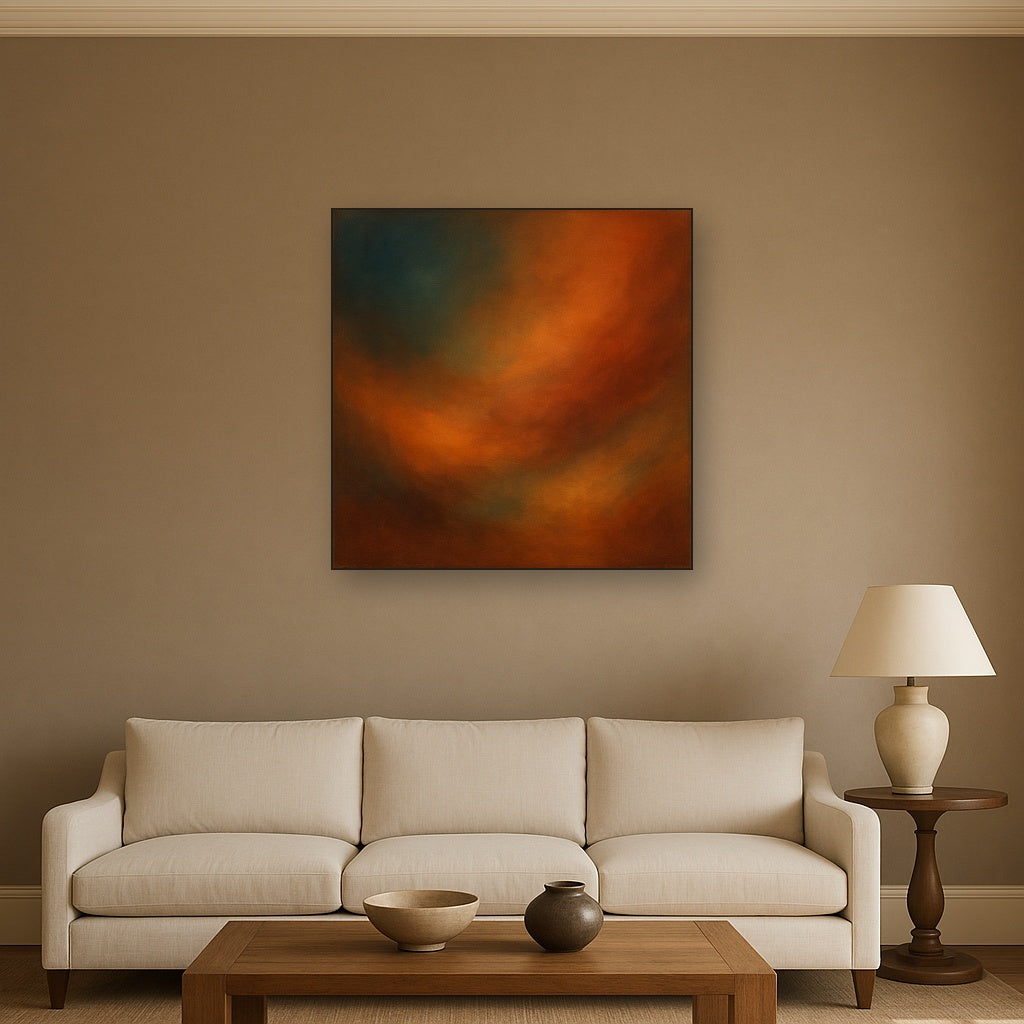 Deep Topaz & Spiced Terracotta Glow No. 4 Oil Painting Staged Above Sectional Sofa in Living Room, Hand Painted Canvas Wall Art for Home Decor