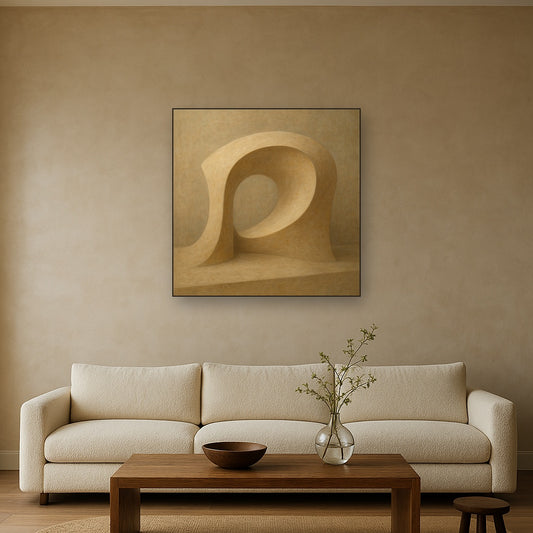 Soft Architectural Curve in Desert Bone No. 8 Oil Painting Staged Above Sectional Sofa in Living Room, Hand Painted Canvas Wall Art for Home Decor