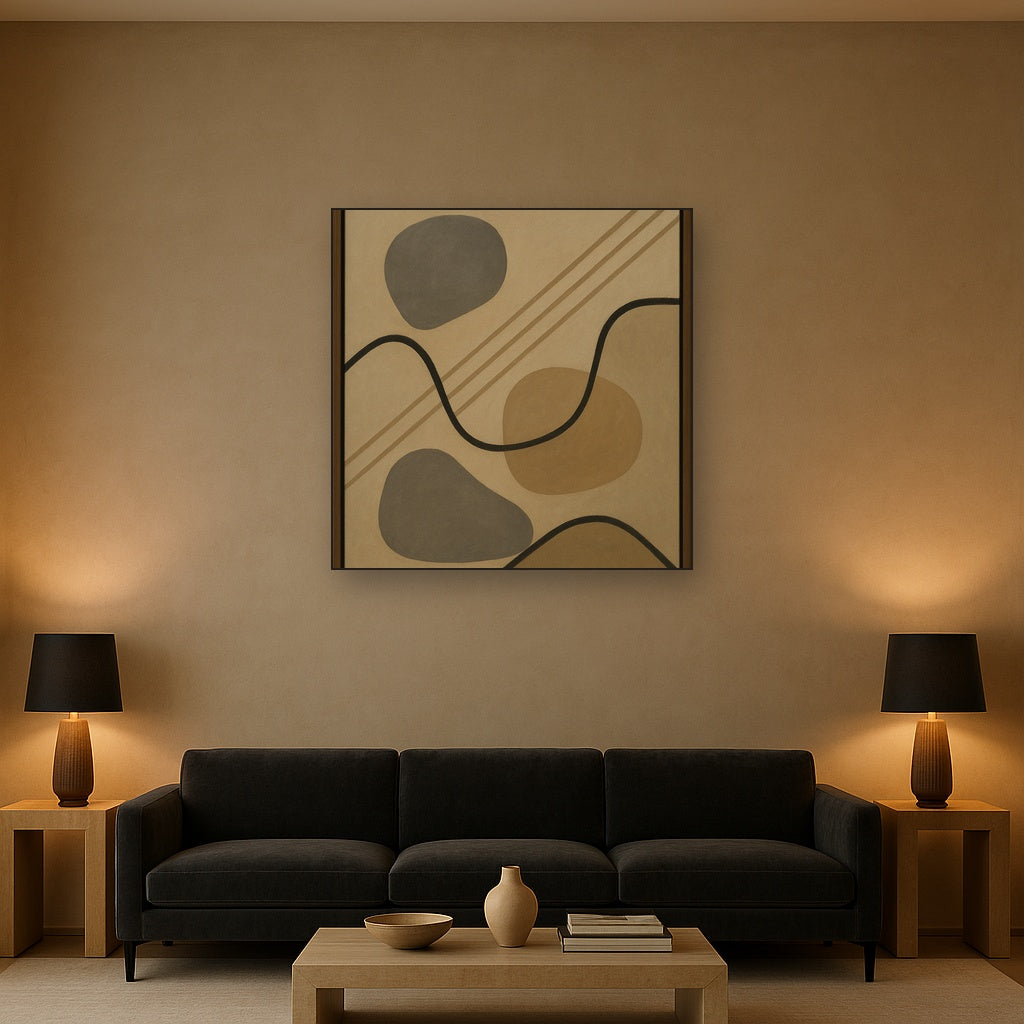 Organic Pebble Contours & Slanted Lines No. 9 Oil Painting Staged Above Sectional Sofa in Living Room, Hand Painted Canvas Wall Art for Home Decor