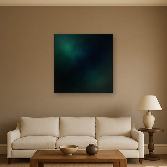 Emerald & Midnight Sapphire Sfumato Immersion No. 4 Oil Painting Staged Above Sectional Sofa in Living Room, Hand Painted Canvas Wall Art for Home Decor