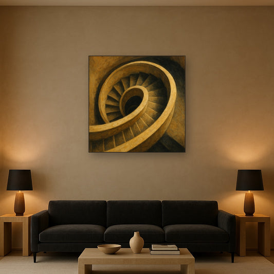 Spiraling Spiral Staircase Architectural Oil Painting - Styled in Modern Living Room