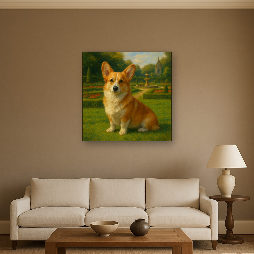 Pembroke Welsh Corgi in Royal English Garden Fine Art Oil Painting - View 2