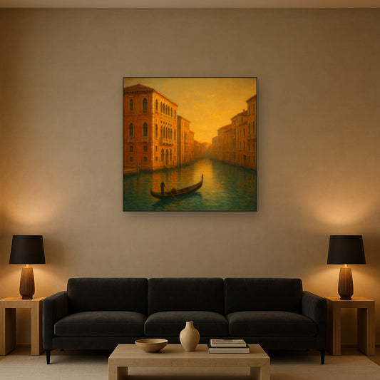Venetian Canal Palaces at Golden Hour No. 14 Oil Painting Staged Above Sectional Sofa in Living Room, Hand Painted Canvas Wall Art for Home Decor