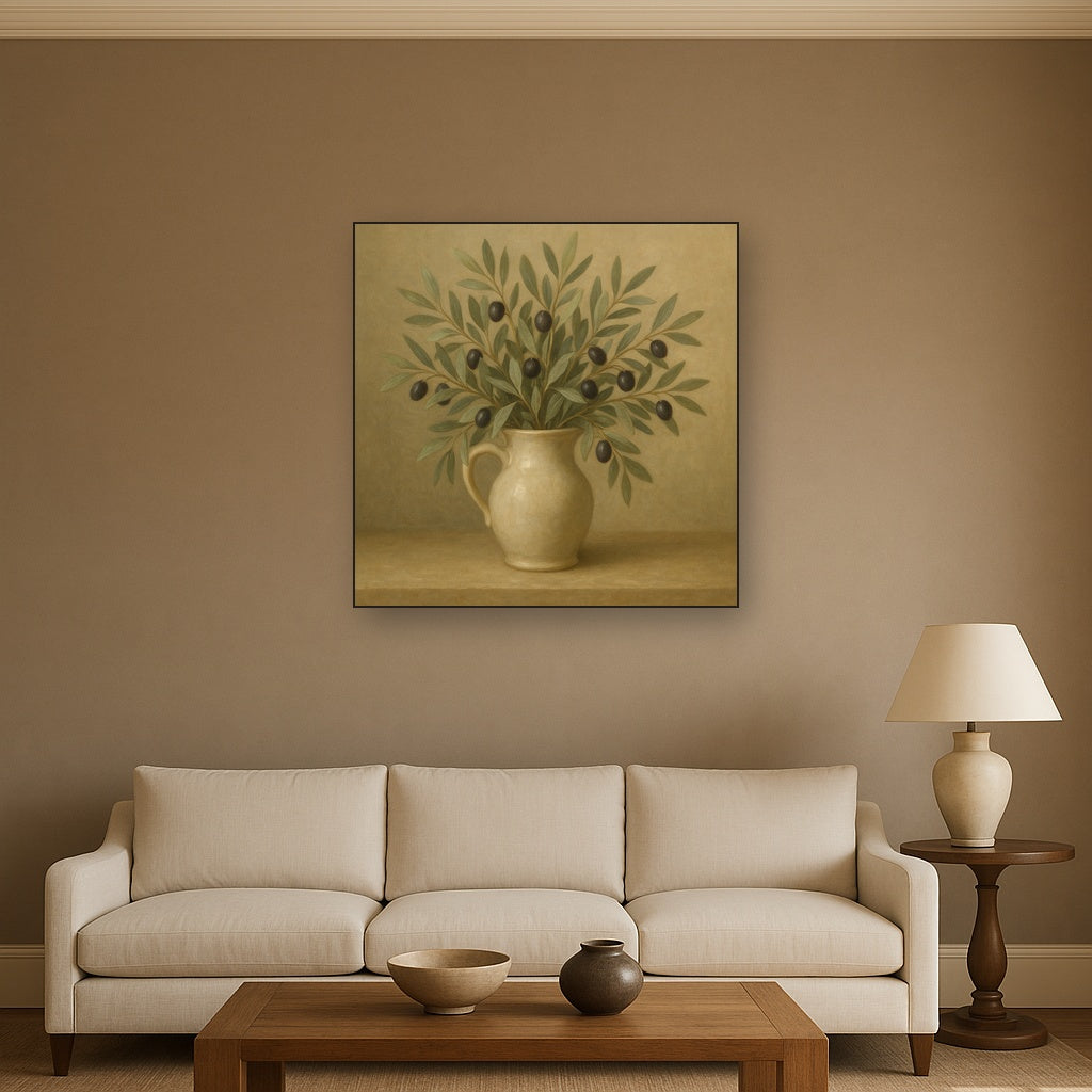 Wild Olive Sprigs in Stoneware Pitcher No. 4 Oil Painting Staged Above Sectional Sofa in Living Room, Hand Painted Canvas Wall Art for Home Decor