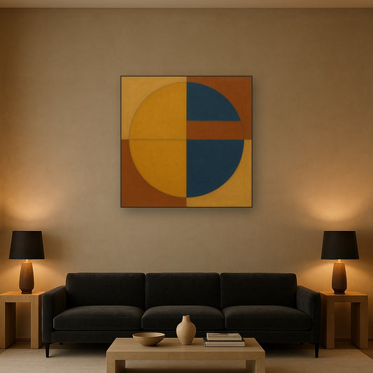 Bauhaus Quadrant Harmony in Primary Earth Tones No. 9 Oil Painting Staged Above Sectional Sofa in Living Room, Hand Painted Canvas Wall Art for Home Decor