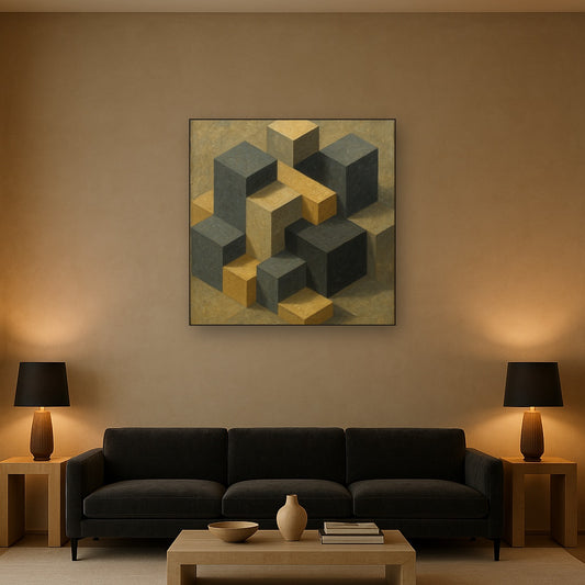 Isometric Modernist Cube Abstraction No. 4 Oil Painting - Styled in Modern Living Room