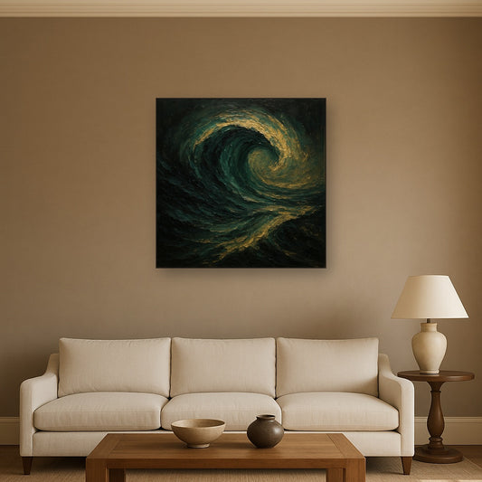 Deep Emerald & Obsidian Swell Oil Painting - Styled in Modern Living Room