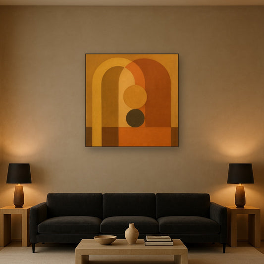 Arch & Circle Equilibrium in Warm Earth Tones No. 25 Oil Painting Staged Above Sectional Sofa in Living Room, Hand Painted Canvas Wall Art for Home Decor