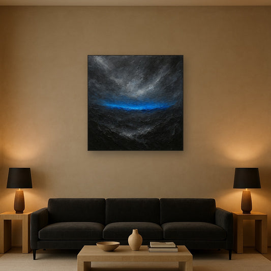 Cobalt Horizon Dynamic Modern Abstract Oil Painting - Styled in Modern Living Room