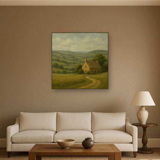 Rolling Cotswold Hills & Stone Cottage Oil Painting - View 2