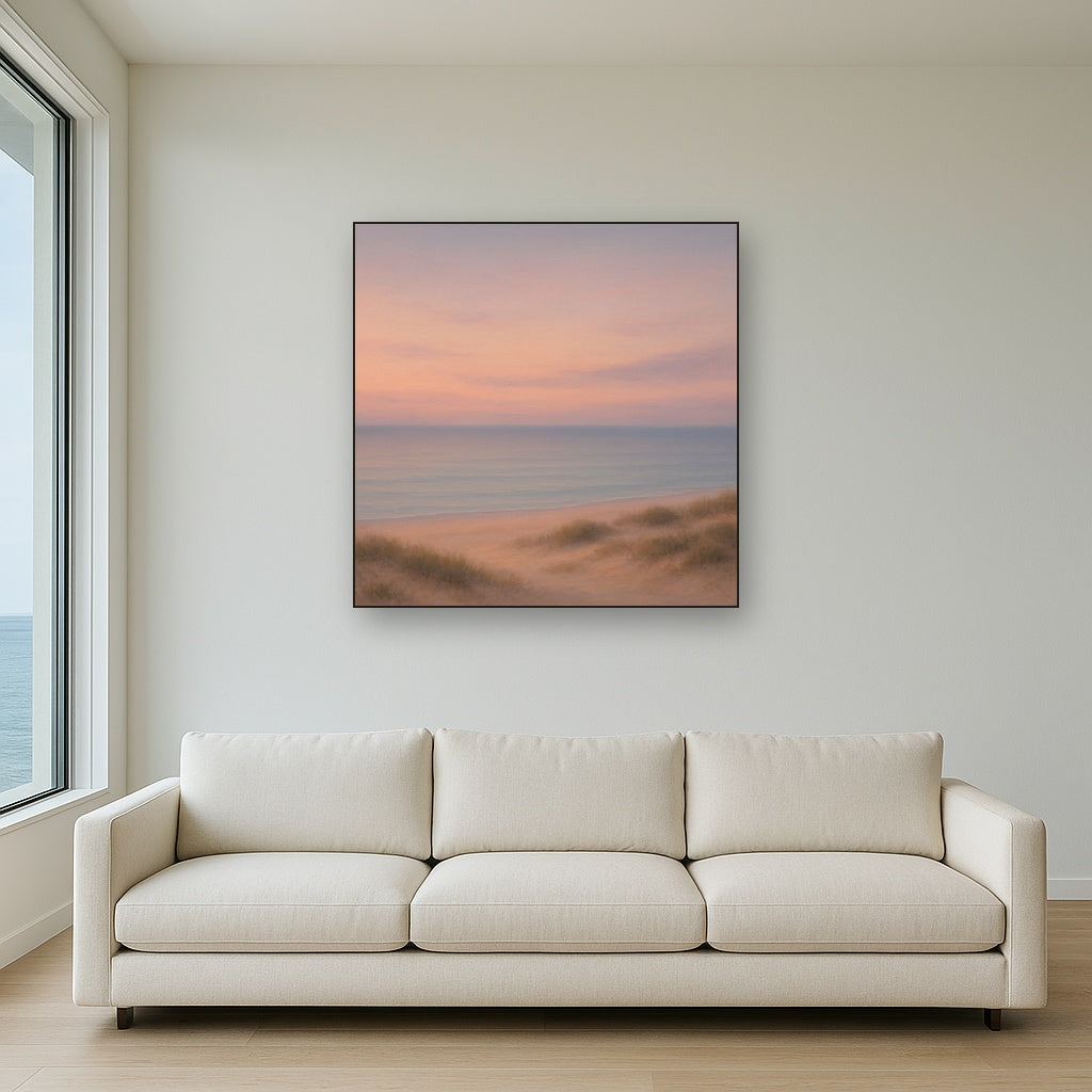 Pastel Dusk Horizon over Calm Atlantic Waters No. 19 Oil Painting Staged Above Sectional Sofa in Living Room, Hand Painted Canvas Wall Art for Home Decor