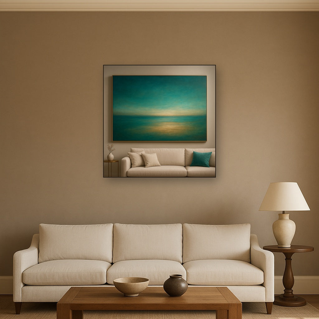 Peacock Teal & Champagne Gold Horizon No. 17 Oil Painting Staged Above Sectional Sofa in Living Room, Hand Painted Canvas Wall Art for Home Decor