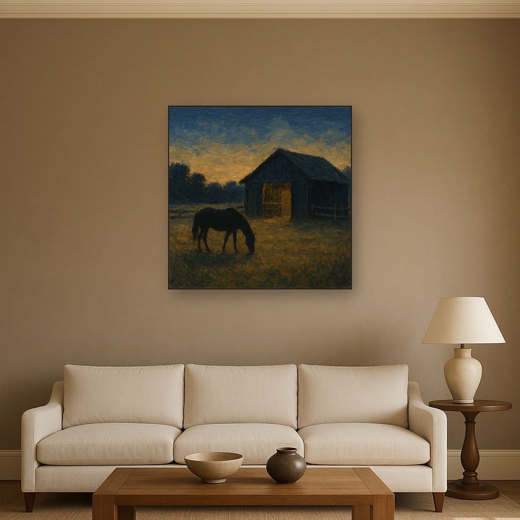 Rustic Equestrian Stable Silhouette No. 4 Oil Painting - Styled in Modern Living Room