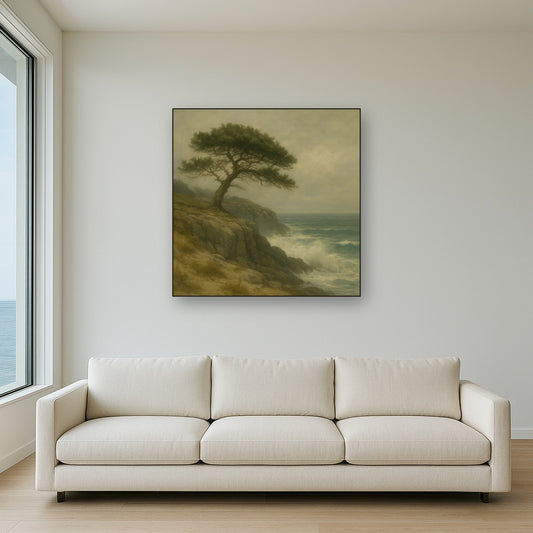 Wild Coastal Pine on Stormy Granite Cliff No. 20 Oil Painting Staged Above Sectional Sofa in Living Room, Hand Painted Canvas Wall Art for Home Decor