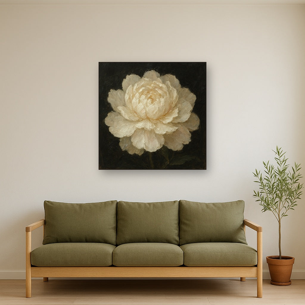White Peony Blossom Botanical Oil Painting - Styled in Modern Living Room