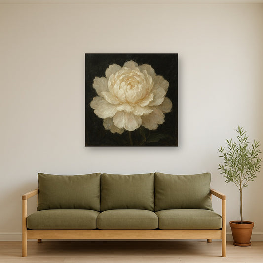 White Peony Blossom Botanical Oil Painting - Styled in Modern Living Room