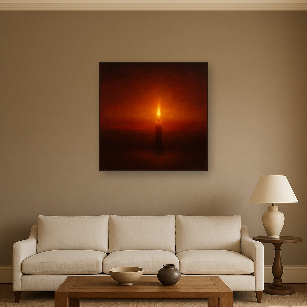Deep Garnet & Amber Candlelight Horizon No. 2 Oil Painting Staged Above Sectional Sofa in Living Room, Hand Painted Canvas Wall Art for Home Decor