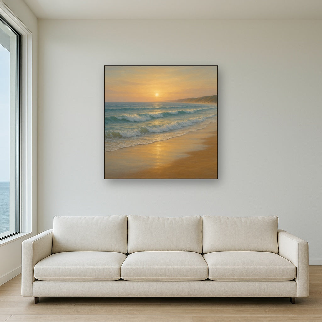 Gentle Breaking Waves & Wet Beach Reflection No. 13 Oil Painting Staged Above Sectional Sofa in Living Room, Hand Painted Canvas Wall Art for Home Decor