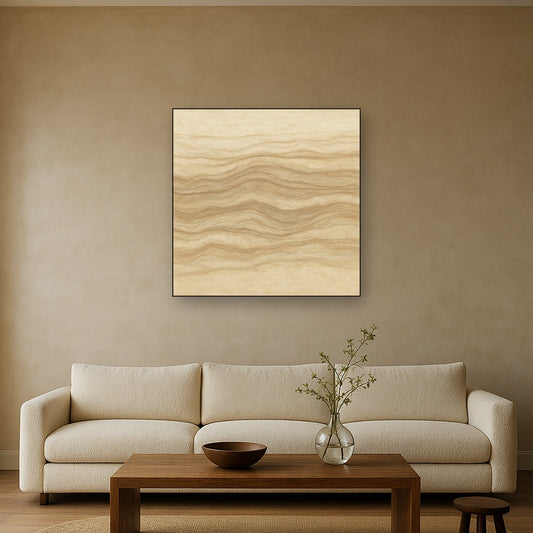 Weathered Mineral Sediments in Warm Ecru Oil Painting Staged Above Sectional Sofa in Living Room, Hand Painted Canvas Wall Art for Home Decor