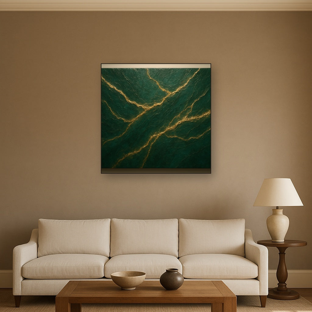 Emerald Veins & Liquid Gold Luxury Oil Painting - Styled in Modern Living Room