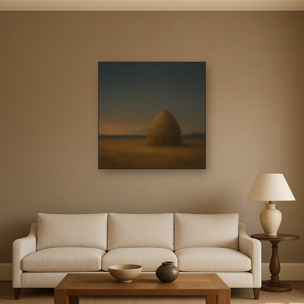 Dusk Horizon over Weathered Haystack No. 9 Oil Painting Staged Above Sectional Sofa in Living Room, Hand Painted Canvas Wall Art for Home Decor