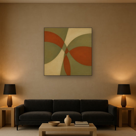 Intersecting Curved Forms in Olive & Rust No. 8 Oil Painting Staged Above Sectional Sofa in Living Room, Hand Painted Canvas Wall Art for Home Decor