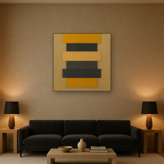 Stacked Horizon Blocks in Mustard & Charcoal No. 25 Oil Painting Staged Above Sectional Sofa in Living Room, Hand Painted Canvas Wall Art for Home Decor