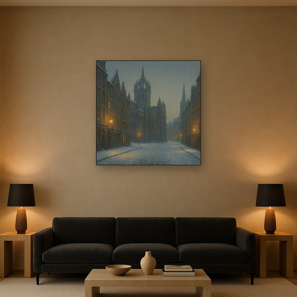 Edinburgh Old Town Royal Mile in Snow No. 13 Oil Painting Staged Above Sectional Sofa in Living Room, Hand Painted Canvas Wall Art for Home Decor