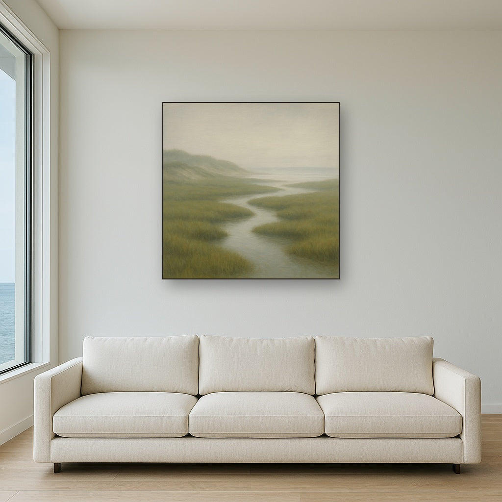 Morning Fog over Cape Cod Tidal Marsh No. 16 Oil Painting Staged Above Sectional Sofa in Living Room, Hand Painted Canvas Wall Art for Home Decor