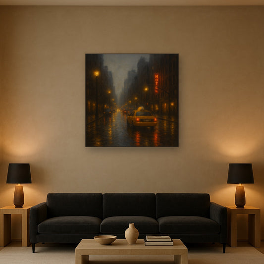 Rain-Drenched Manhattan Avenue Lights No. 25 Oil Painting Staged Above Sectional Sofa in Living Room, Hand Painted Canvas Wall Art for Home Decor