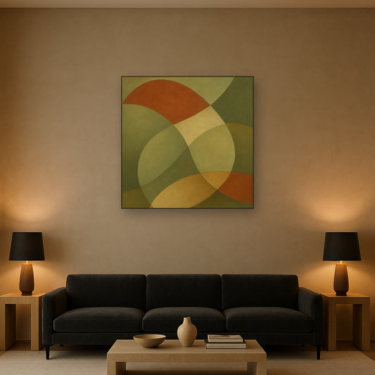 Intersecting Curved Forms in Olive & Rust No. 24 Oil Painting Staged Above Sectional Sofa in Living Room, Hand Painted Canvas Wall Art for Home Decor