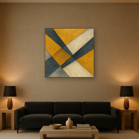 Geometric Intersection Modern Abstract Oil Painting - Styled in Modern Living Room