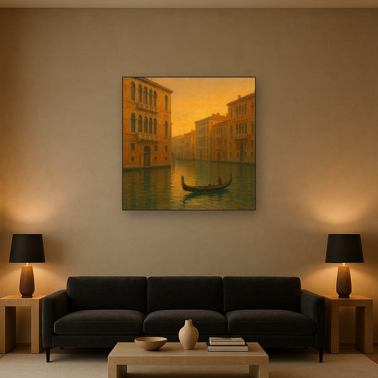 Venetian Canal Palaces at Golden Hour No. 3 Oil Painting Staged Above Sectional Sofa in Living Room, Hand Painted Canvas Wall Art for Home Decor