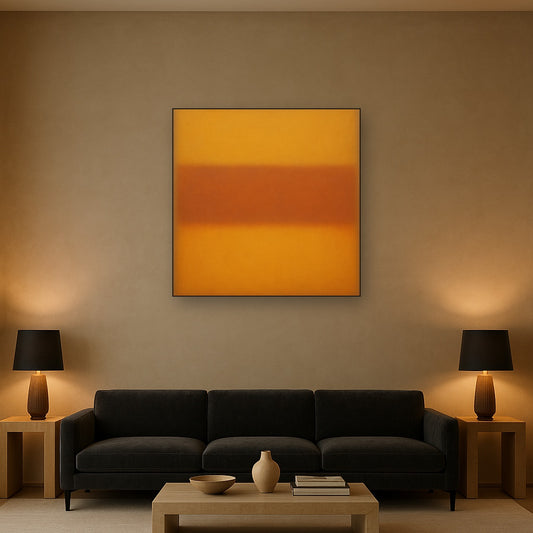 Luminous Ochre & Terracotta Horizon Color Field No. 15 Oil Painting Staged Above Sectional Sofa in Living Room, Hand Painted Canvas Wall Art for Home Decor