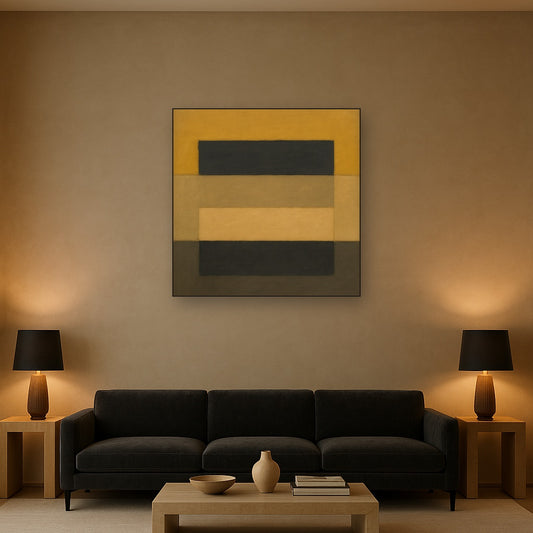 Stacked Horizon Blocks in Mustard & Charcoal No. 4 Oil Painting - View 2