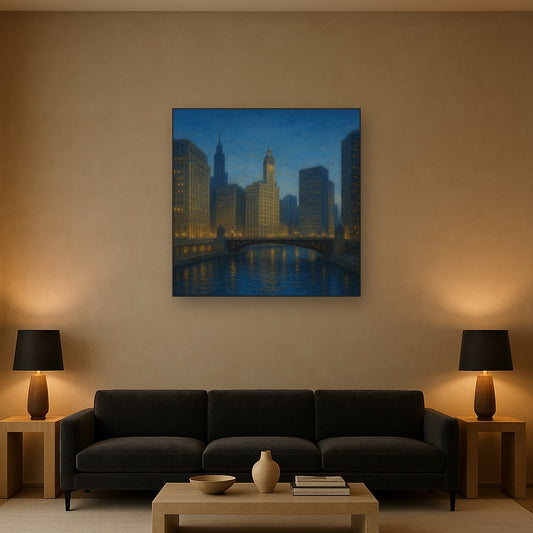 Chicago Riverfront Architecture at Blue Hour No. 25 Oil Painting - View 2