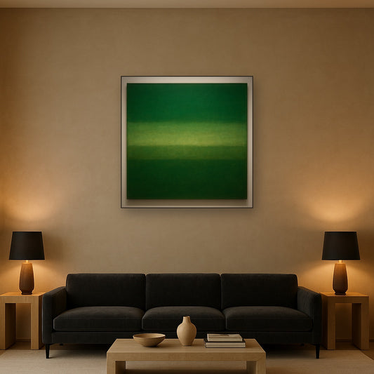 Forest Emerald & Deep Moss Contemplative Field No. 22 Oil Painting Staged Above Sectional Sofa in Living Room, Hand Painted Canvas Wall Art for Home Decor