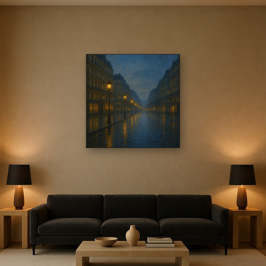 Rainy Parisian Boulevard at Twilight No. 23 Oil Painting Staged Above Sectional Sofa in Living Room, Hand Painted Canvas Wall Art for Home Decor