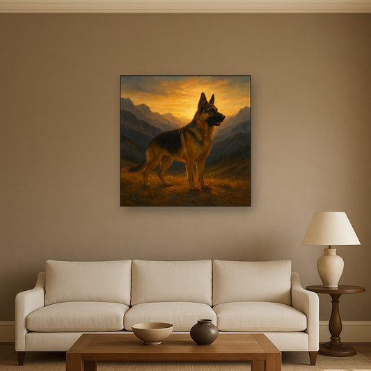 German Shepherd Standing in Alpine Sunset No. 17 Fine Art Oil Painting - View 2