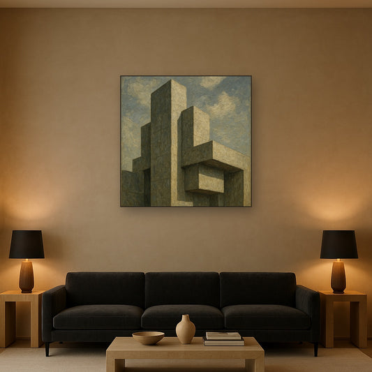 Brutalist Concrete Monolith & Sky No. 3 Oil Painting - Styled in Modern Living Room