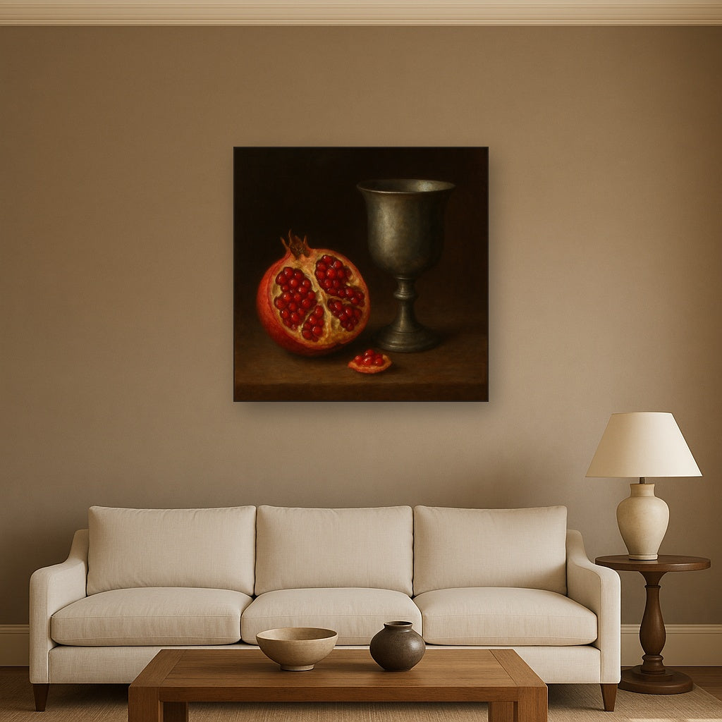 Pomegranate & Vintage Pewter Goblet No. 7 Oil Painting - View 2