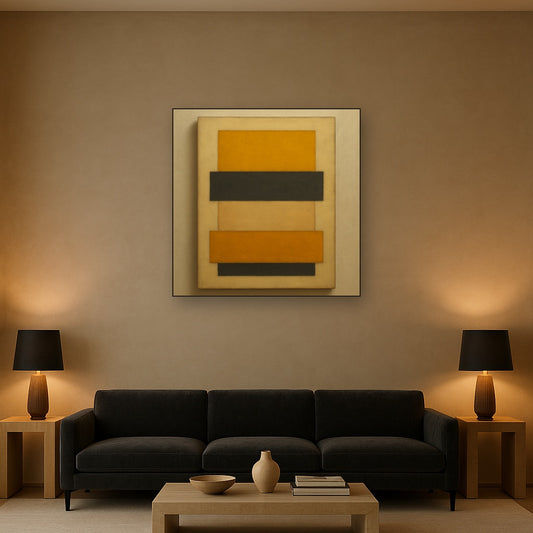 Stacked Horizon Blocks in Mustard & Charcoal No. 19 Oil Painting Staged Above Sectional Sofa in Living Room, Hand Painted Canvas Wall Art for Home Decor